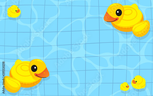 Yellow rubber duck inflatable family in swimming pool background with copy space vector illustration. Summer pool party