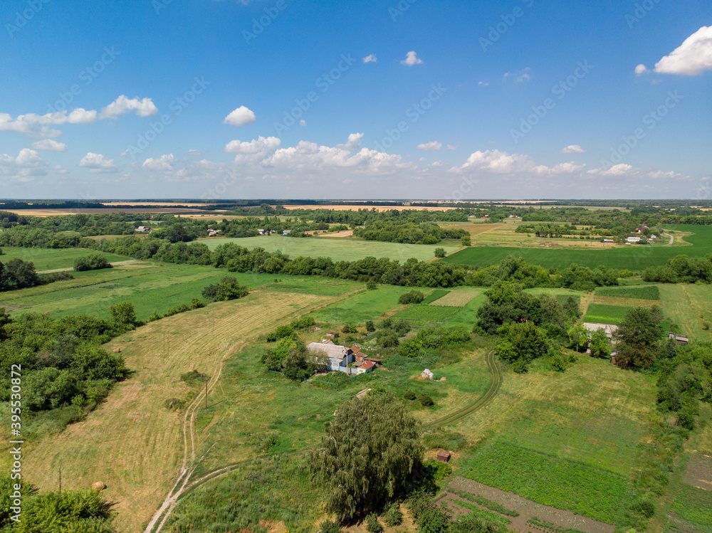 Top view of rural houses surrounded by fields in central Russia