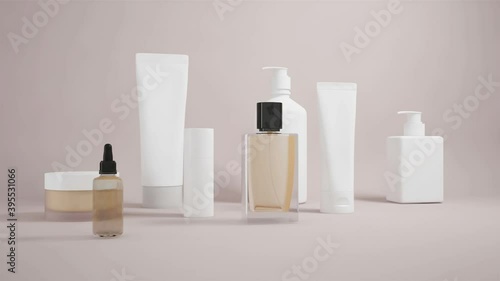 Skin care cosmetic products mockup. Glass bottle with pipette and Perfume bottle. Hair care for men and women. Hygiene 3d Serum branding makeup skin product. Beauty plastic container collagen template