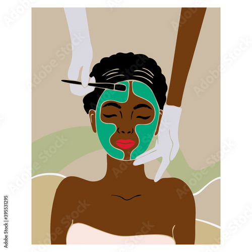 Face care. Beauty salon. African american woman with afro hairstyle. Black woman. Spa. Vector illustration. Icon