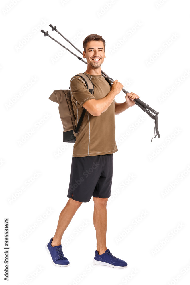Young man with walking poles on white background Young man with walking poles on white background