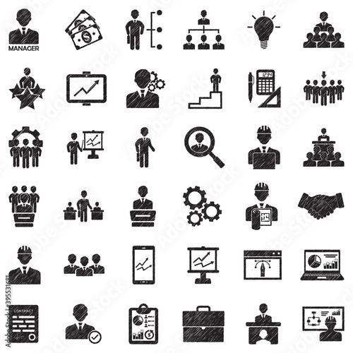 Manager Icons. Black Scribble Design. Vector Illustration.