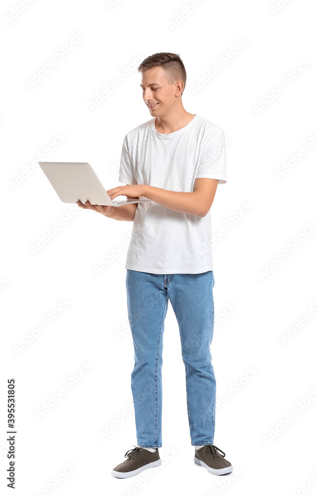 Young man with laptop on white background Young man with laptop on white background