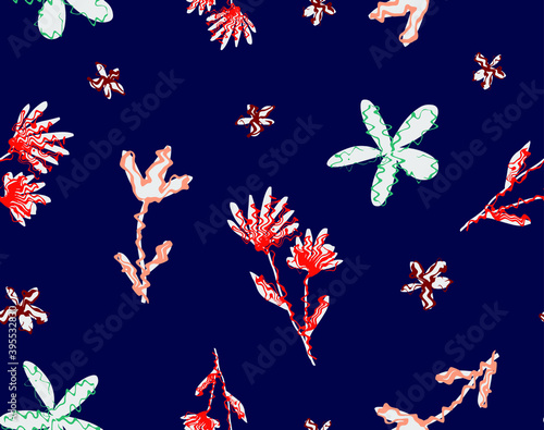 Abstract Hand Drawing Geometric Japanese Ditsy Flowers and Leaves Repeating Vector Pattern Isolated Background 