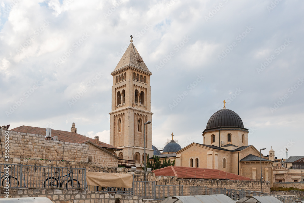 View from the roof of the house to the Lutheran Church of the Redeemer and Orthodox Alexander Nevsky Church in the old city of Jerusalem, in Israel