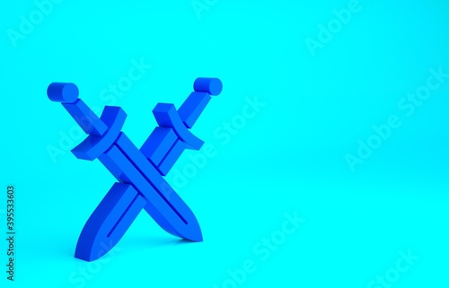 Blue Crossed medieval sword icon isolated on blue background. Medieval weapon. Minimalism concept. 3d illustration 3D render.