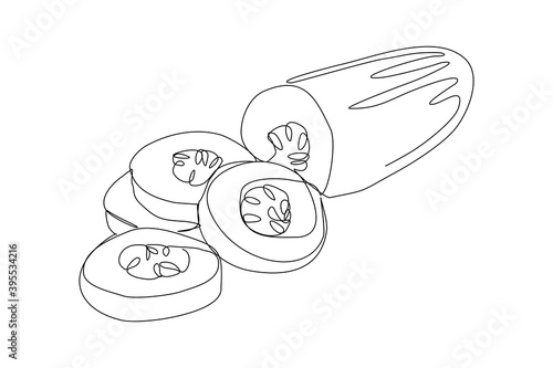 Continuous line drawing of sliced cucumber pickles. One line art concept of fresh food fruit and vegetable. Vector illustration