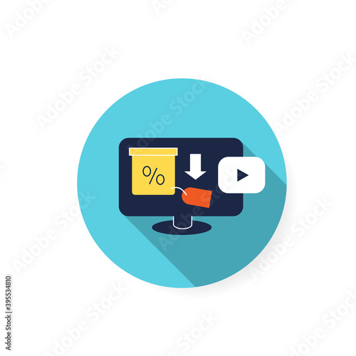 Video advertisement flat icon. Digital marketing strategy concept.Video promotion for seo development and social media optimization. Viral ad sign. Color vector illustration with shadow 