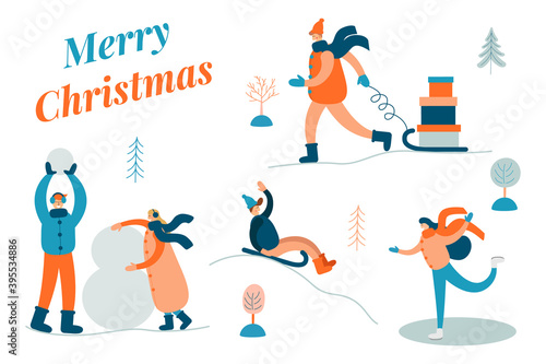 Merry Christmas background with winter outdoor leisure activities on white background, people ice skating, sledding, making a snowman, man with gifts. Flat vector illustration.