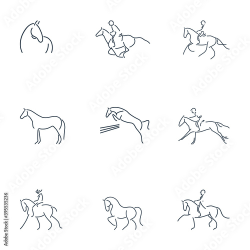 Obraz na plátne Set of line drawing of equestrian rider and horse for logo identity