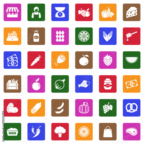 Market Place Icons. White Flat Design In Square. Vector Illustration.