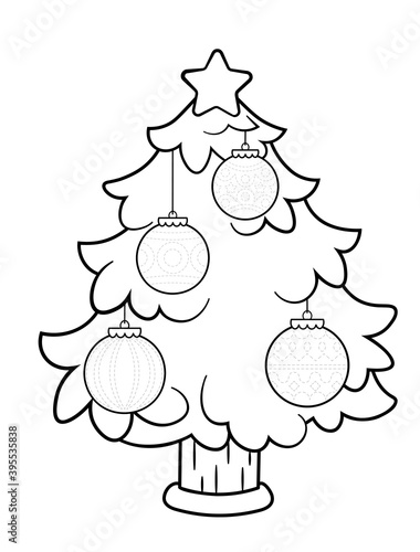 Coloring page of a decorated Christmas tree. Trace Christmas ornaments handwriting practice for kids. Vector black and white illustration isolated on white background.