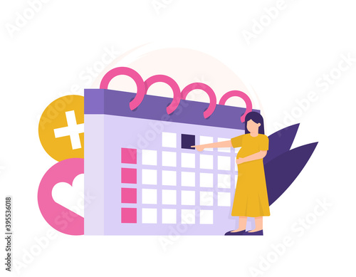 concept of obstetric consultation schedule and pregnancy plan. illustration of a pregnant woman pointing at a calendar and choosing a day to check her womb health. flat style. design elements
