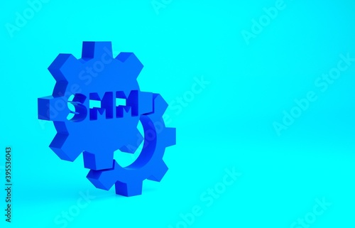 Blue SMM icon isolated on blue background. Social media marketing, analysis, advertising strategy development. Minimalism concept. 3d illustration 3D render.
