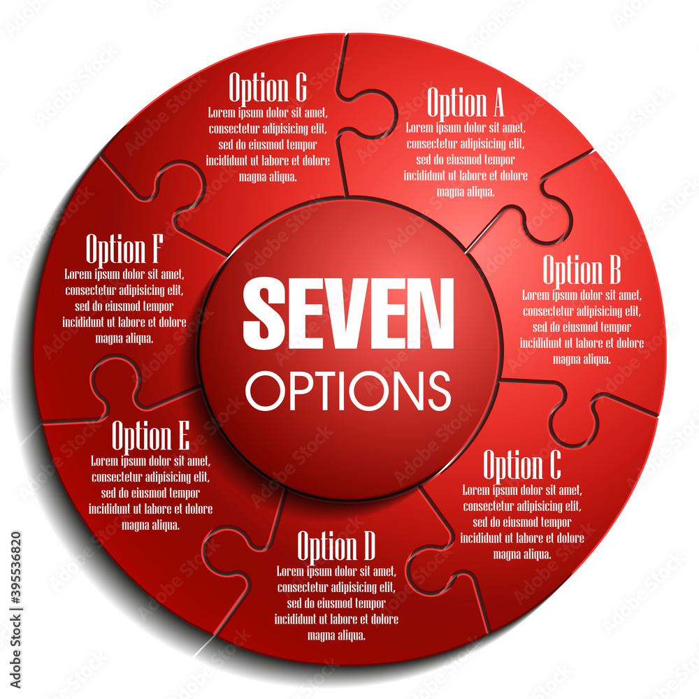 Seven sided 3d puzzle presentation infographic template with explanatory text field for business statistics Seven sided 3d puzzle presentation infographic template with explanatory text field for business statistics