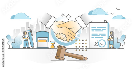 Signing contract with legal document, gavel and handshake outline concept