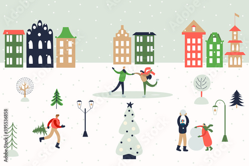 Christmas greeting card, banner, poster with people at festival at snowy town square. Merry Christmas card with winter outdoor leisure activities.Vector illustration in flat simple style.