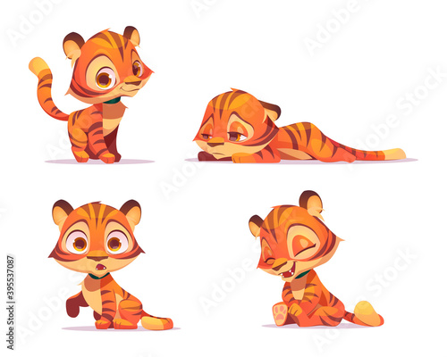 Cute tiger cartoon character, funny animal cub mascot with kawaii muzzle express emotions smiling, laughing, surprised and sad. Wild kitten with orange striped skin. Vector illustration, isolated set