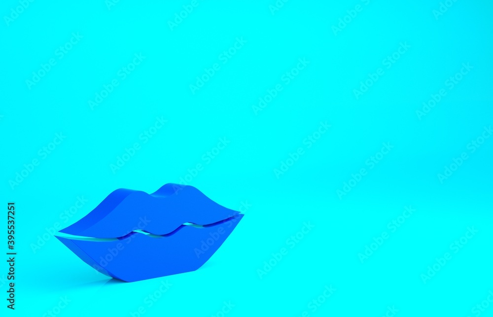 Blue Smiling lips icon isolated on blue background. Smile symbol. Minimalism concept. 3d illustration 3D render.