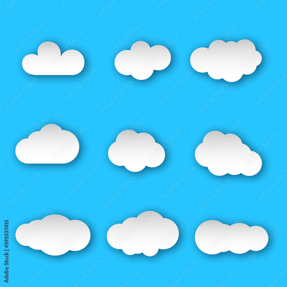 White paper cloud message sign set. Cloud symbol or logo, different 3d clouds set