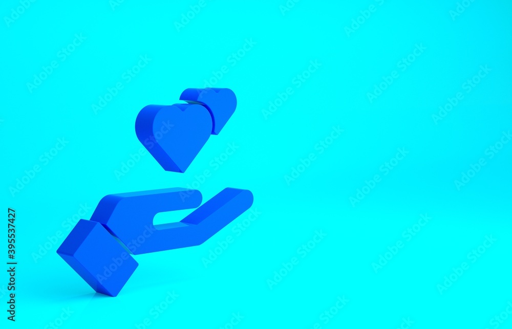 Blue Heart in hand icon isolated on blue background. Hand giving love symbol. Valentines day symbol. Minimalism concept. 3d illustration 3D render. Blue Heart in hand icon isolated on blue background. Hand giving love symbol. Valentines day symbol. Minimalism concept. 3d illustration 3D render.