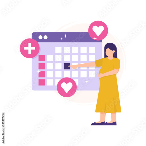 concept of obstetric consultation schedule and pregnancy plan. illustration of a pregnant woman pointing at a calendar and choosing a day to check her womb health. flat style. design elements