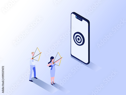 Business people aiming target on a mobile phone with bow and arrow isometric vector 3D
