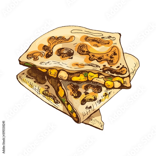 Quesadilla - mexican traditional food. Vector vintage hatching