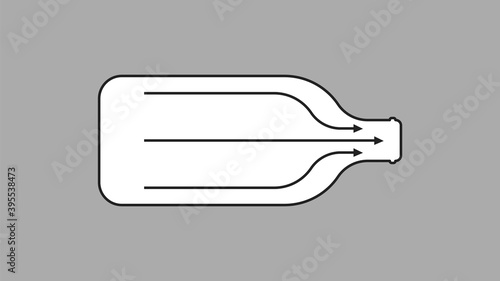 Bottleneck bottle. Arrows for direction of liquid exit from bottle narrowing neck of glass container.