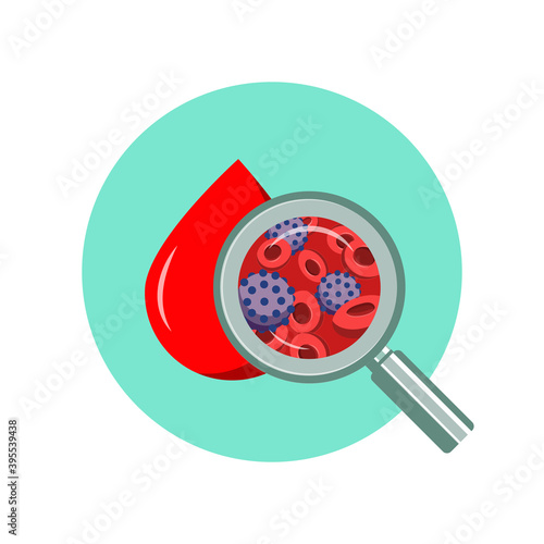 Blood cell testing for AIDS and HIV. Cells infected with the human immunodeficiency virus. Medical diagnostics using a blood drop sample. Vector illustration isolated on a blue background