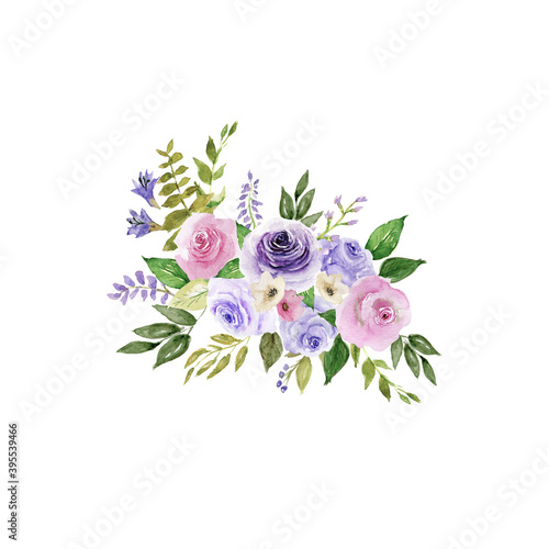 Purple and pink watercolor flowers bouquet. Hand drawn floral spring bright arrangement set. Isolated bouquet.