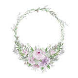 Watercolor floral violet wreath. Pink violet green flowers, blossom and branches. Handdrawn linear illustration on white background. Spring round frame isolated. Ideal for invitation, bridal shower