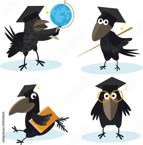Cartoon set crow with bachelor cap and globus vector image