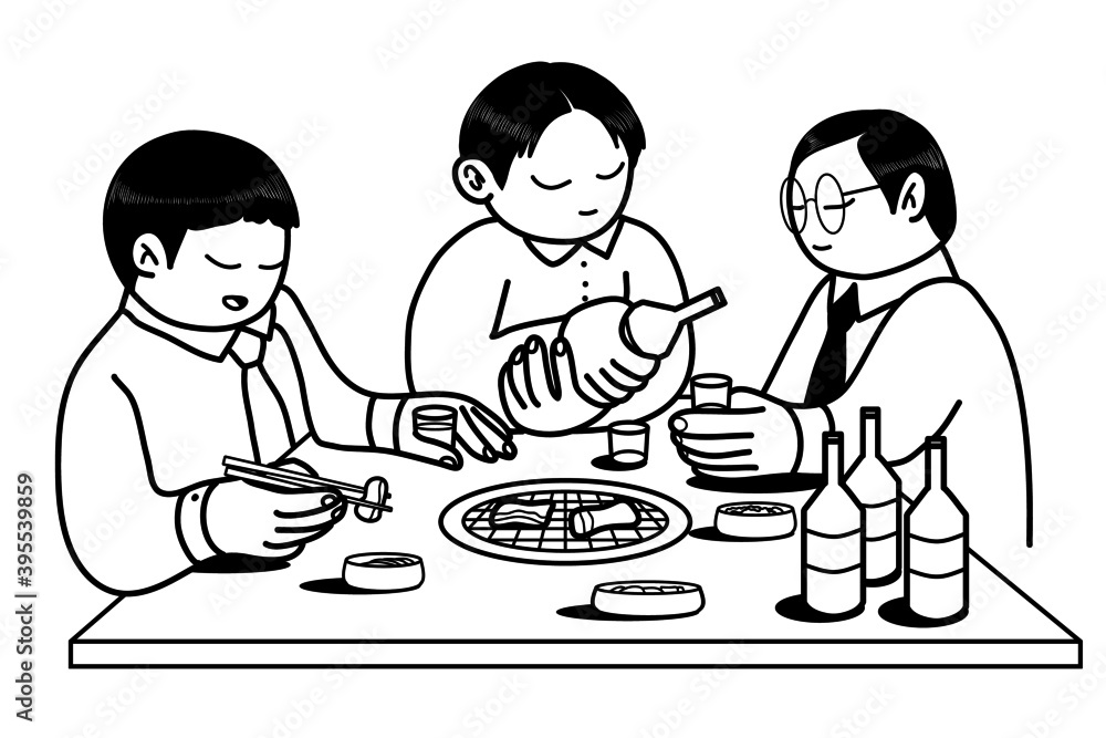 korean office workers dining together. isolated vector drawing. korean office workers dining together. isolated vector drawing.