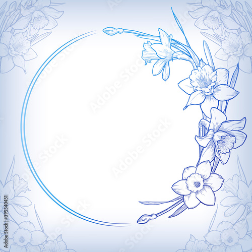 Blue floral round frame. Template for a wedding or greeting cards, invitations, labels. Hand drawn daffodils vector illustration.