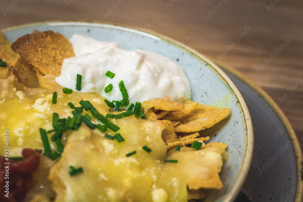 A bowl of tortilla chips, topped with melted cheese and served with sour cream and salsa, garnished with chopped chives. A bowl of tortilla chips, topped with melted cheese and served with sour cream and salsa, garnished with chopped chives.