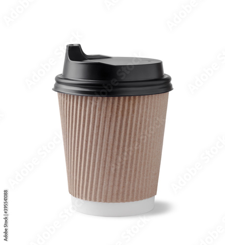Disposable paper coffee cup with black caps isolated on white background.