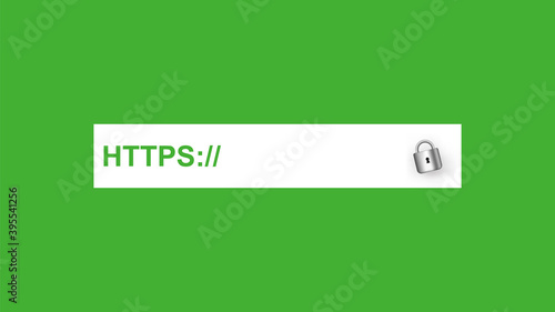 Secured https. Secure connection protocol with web certificate green letters on white panel.