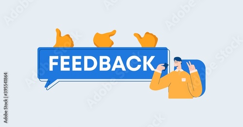 Feedback illustration. Opinions and reviews of users social networks communication and information marketing with assessment of consumer services reaction to provided content and vector services.