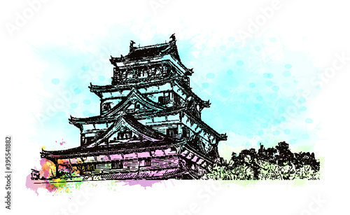 Building view with landmark of Hiroshima Castle, sometimes called Carp Castle, is a castle in Hiroshima, Japan. Watercolour splash with hand drawn sketch illustration in vector.