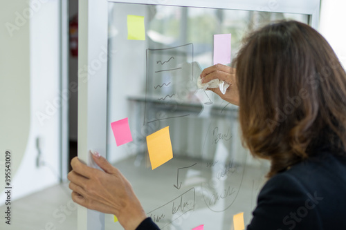 Business woman tries to erase the message on the glass board or clean the glass in conference rooms.