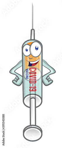 Smiling cartoon character mascot medical syringe corona virus covid-19  vaccine