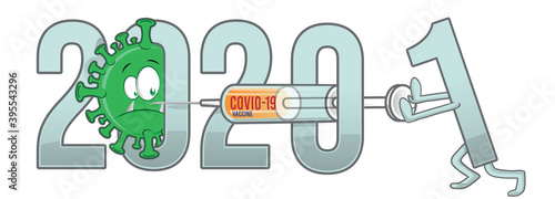 new year from 2020 to 2021  text with covid-19 cartoon and vaccine . vector illustration