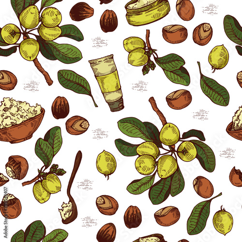 Canvas Print Seamless Pattern with branch Shea tree with fruits, nuts, leaves and Shea butter