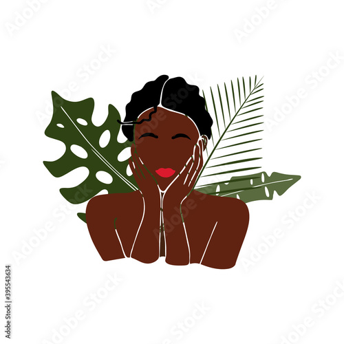 Face care. Beauty salon. African american woman with afro hairstyle. Black woman. Spa. Vector illustration. Icon