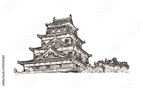 Building view with landmark of Hiroshima Castle, sometimes called Carp Castle, is a castle in Hiroshima, Japan. Hand drawn sketch illustration in vector.