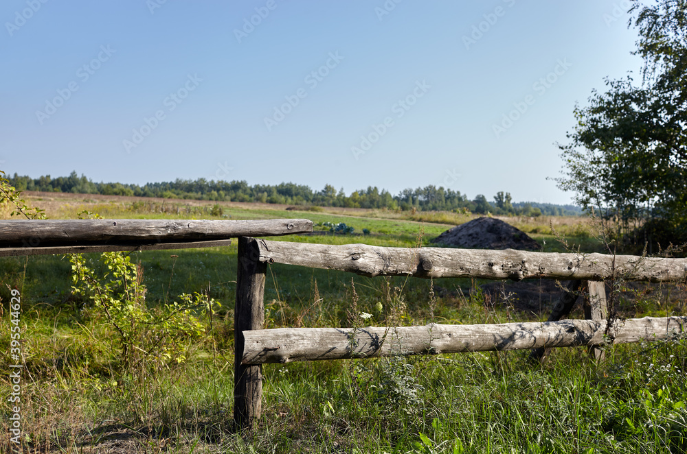 Old wooden fence against a blue sky on a sunny day. Background of old wood planks rustic at field