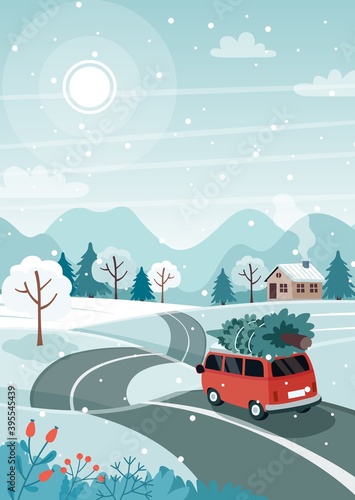 Car with christmas tree on the road. Cute winter landscape. Vector illustration in flat style