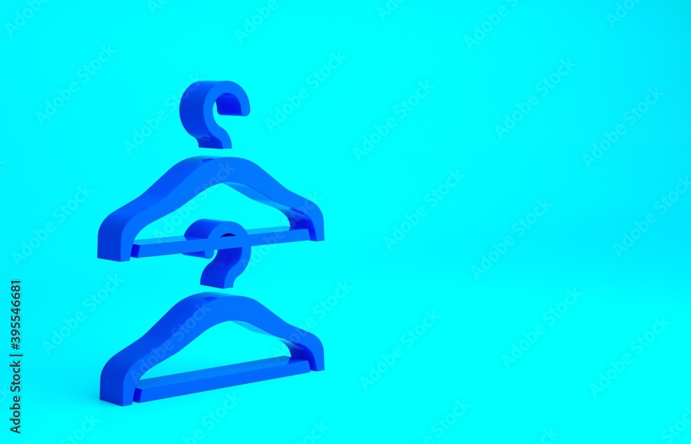 Blue Hanger wardrobe icon isolated on blue background. Cloakroom icon. Clothes service symbol. Laundry hanger sign. Minimalism concept. 3d illustration 3D render. Blue Hanger wardrobe icon isolated on blue background. Cloakroom icon. Clothes service symbol. Laundry hanger sign. Minimalism concept. 3d illustration 3D render.