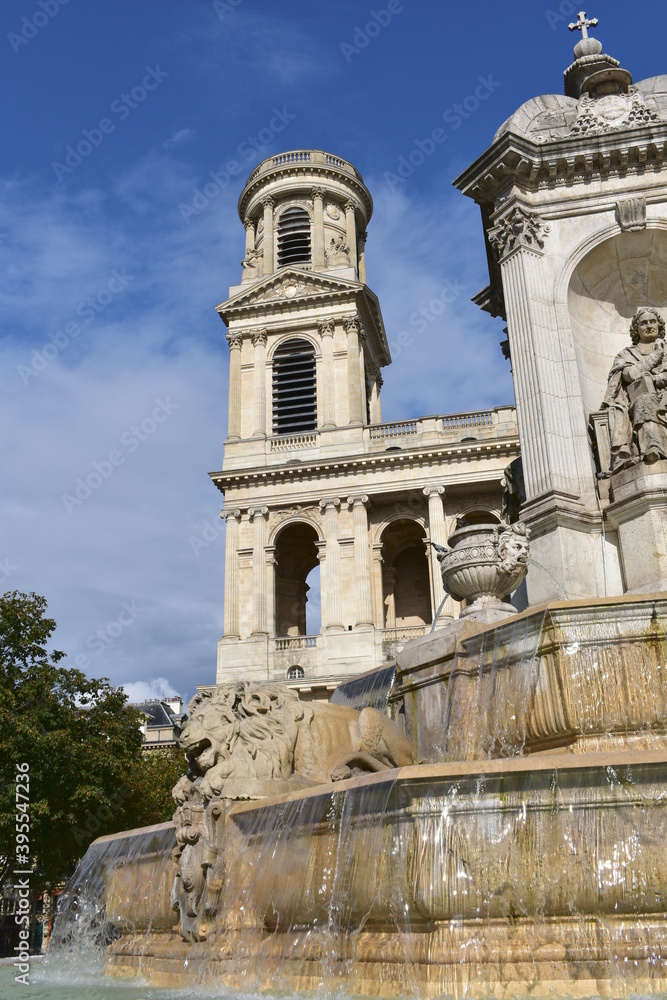 Church Saint-Sulpice de Paris neoclassical facade and tower with Fountain. Paris, France. Church Saint-Sulpice de Paris neoclassical facade and tower with Fountain. Paris, France.